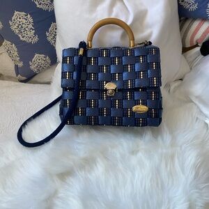 Woven Navy Top-Handle Satchel with Gold Accents